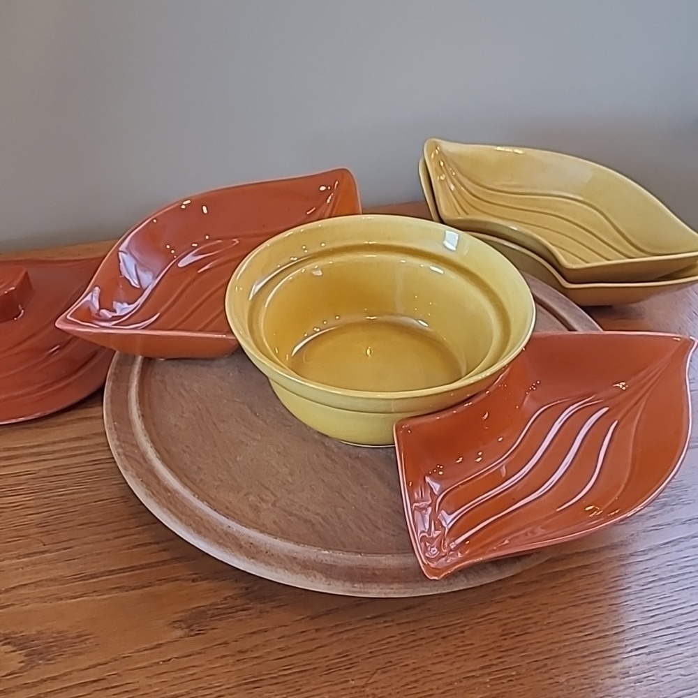 CALIFORNIA POTTERY Vintage MCM Yellow & Burnt Orange Lazy Susan Serving Set - Picture 6 of 17
